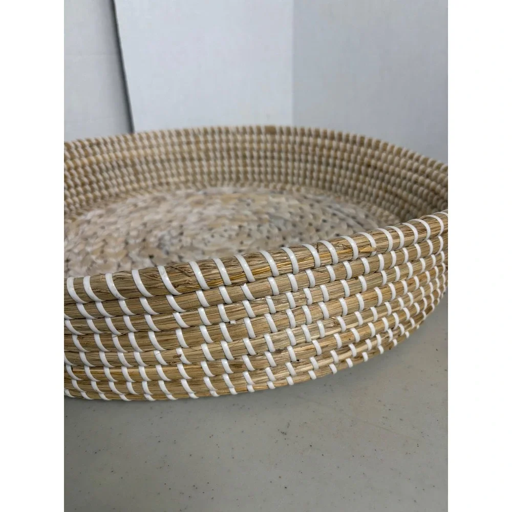 Woven Seagrass Round Tray‎ and Blue Leaf Decor Set Coastal Boho Home Accents
